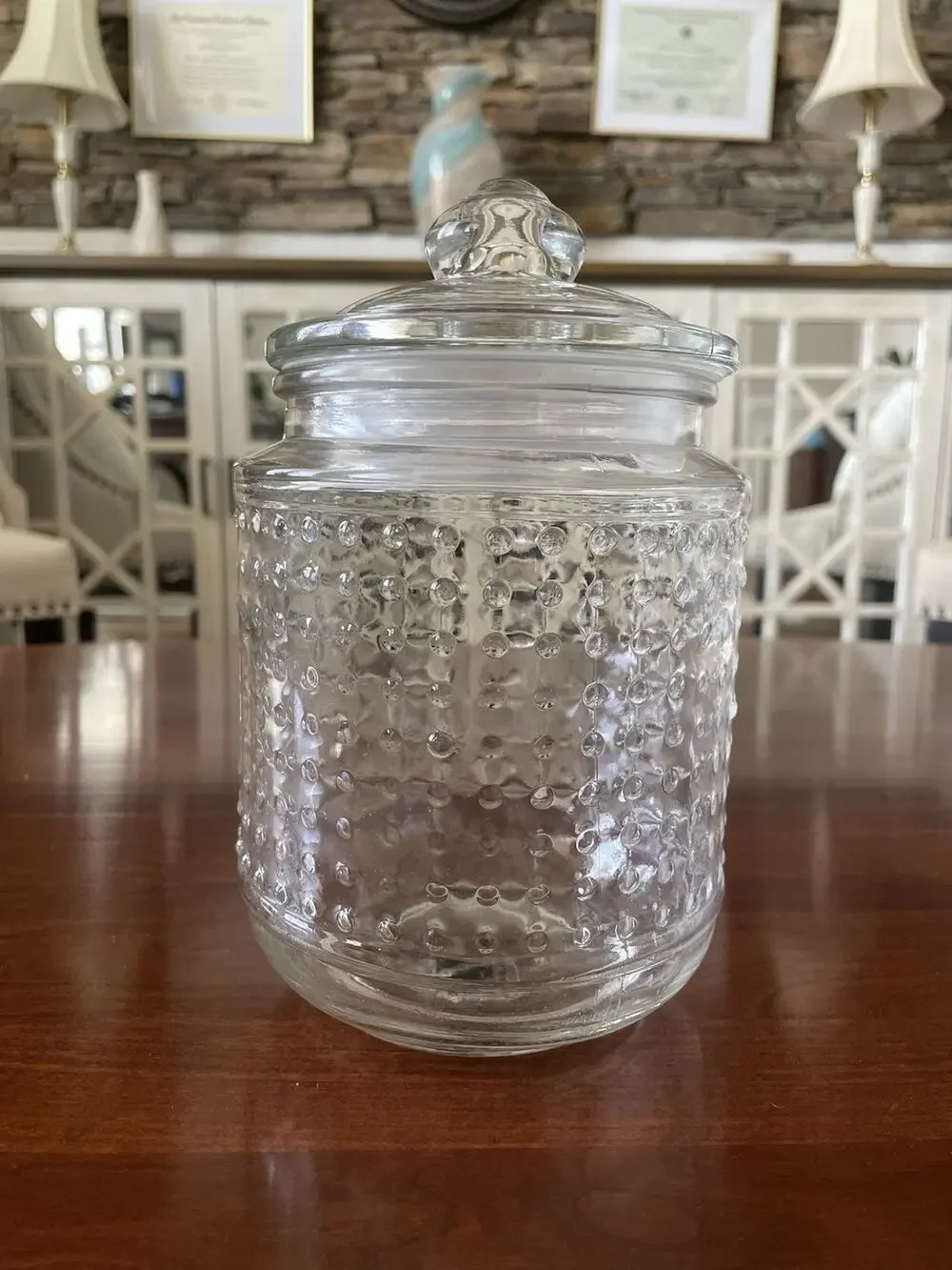 Vintage Unique Hobnob Glass Lidded Jar with Seal and Glass Handle 6x4 Apothecary